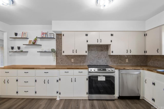 3630 Idlewild Ave, North Little Rock, AR 72116 - kitchen featuring appliances with stainless steel finishes, butcher block counters, dark wood finished floors, open shelves, and white cabinets