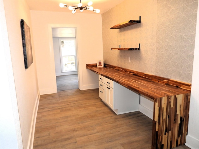 interior space with wood counters, dark hardwood / wood-style floors, and white cabinetry