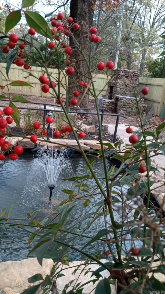 exterior details with a garden pond