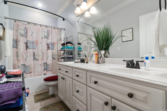 full bathroom featuring shower / bath combo, ornamental molding, vanity, tile patterned flooring, and toilet