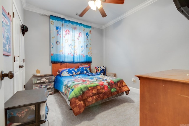 bedroom with carpet flooring, ceiling fan, and ornamental molding