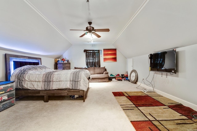 bedroom featuring ceiling fan, lofted ceiling, and carpet floors