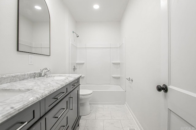 full bathroom with vanity, toilet, and shower / washtub combination