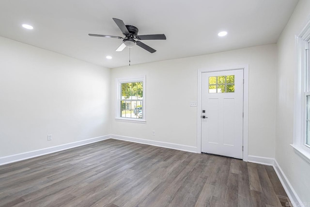 entrance foyer featuring a wealth of natural light, ceiling fan, and dark hardwood / wood-style floors