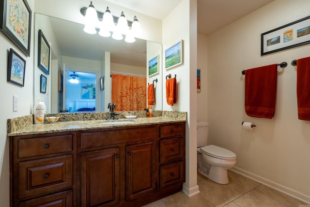 bathroom featuring tile patterned floors, walk in shower, vanity, and toilet