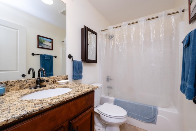 full bathroom with shower / bathtub combination with curtain, vanity, and toilet