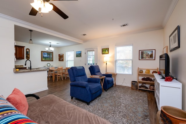 living room with dark hardwood / wood-style floors, ceiling fan, ornamental molding, and sink