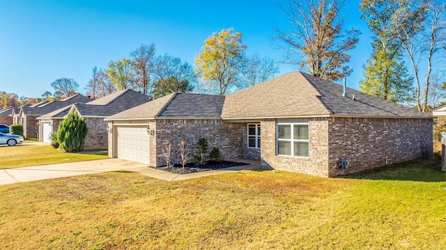 single story home with a garage and a front lawn