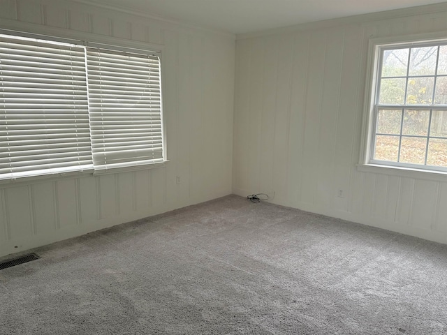 carpeted spare room with crown molding