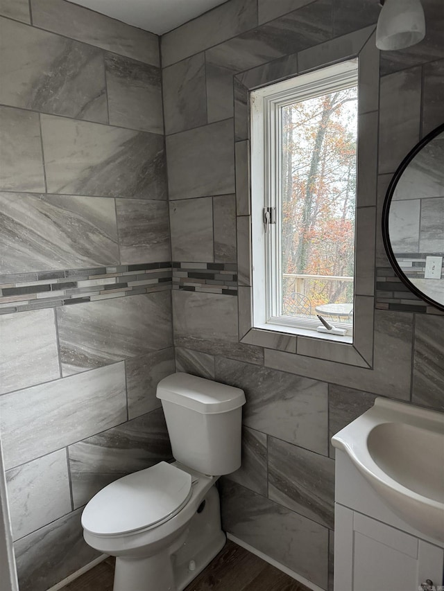 bathroom with vanity, toilet, tile walls, and a wealth of natural light