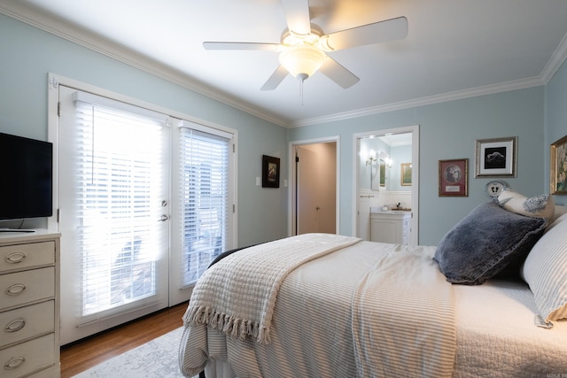 bedroom with access to exterior, light wood-type flooring, ensuite bathroom, ornamental molding, and ceiling fan