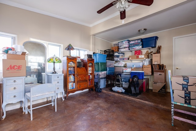 interior space with ceiling fan