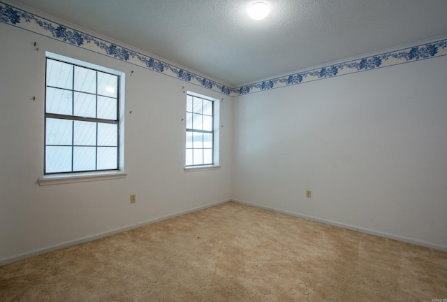 spare room featuring light carpet and a textured ceiling