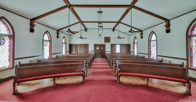 miscellaneous room featuring carpet flooring, plenty of natural light, and high vaulted ceiling