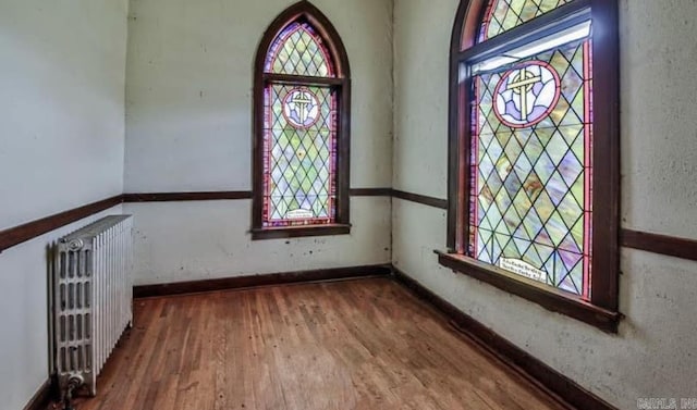 empty room featuring radiator heating unit and hardwood / wood-style flooring