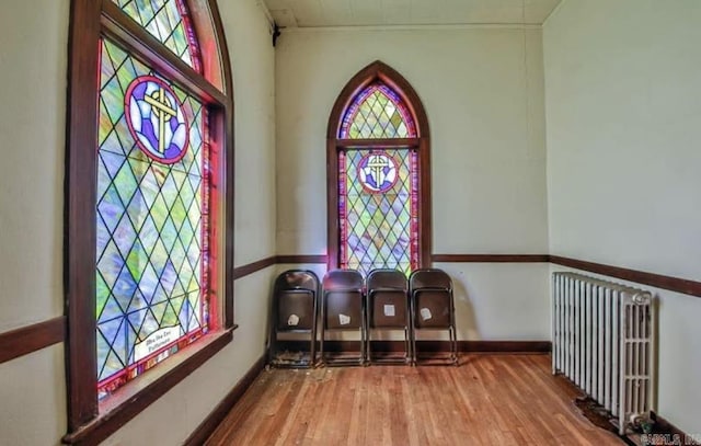 sitting room featuring radiator heating unit, plenty of natural light, and hardwood / wood-style flooring