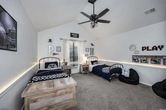 bedroom with carpet, ceiling fan, and lofted ceiling