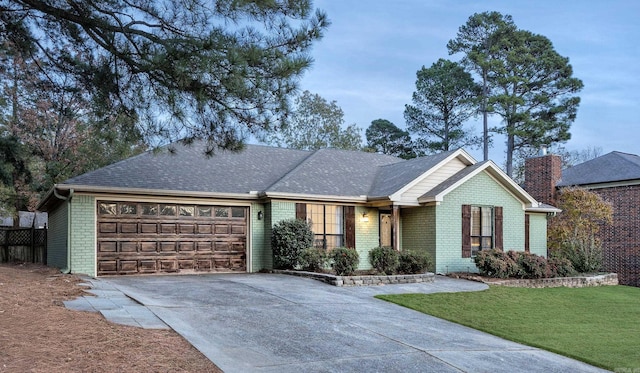 ranch-style home with a garage and a front yard