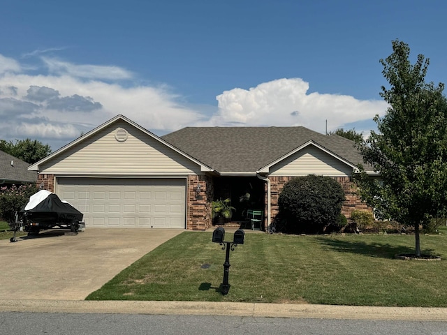 ranch-style home with a front yard and a garage