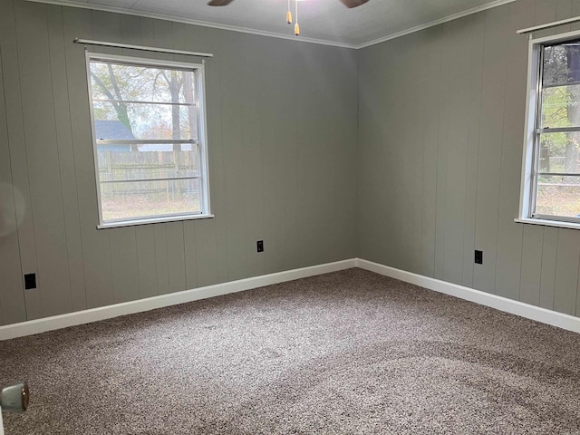 unfurnished room featuring carpet floors, crown molding, and wooden walls