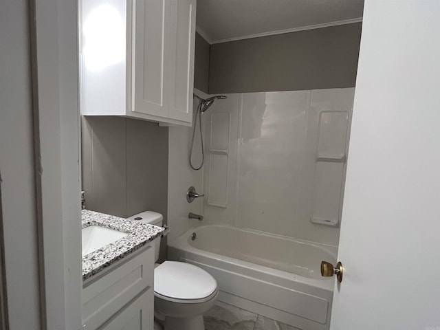 full bathroom featuring vanity, toilet, shower / bathtub combination, and crown molding