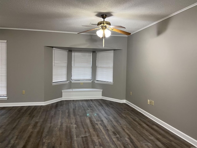 unfurnished room featuring ornamental molding, a textured ceiling, ceiling fan, and dark wood-type flooring