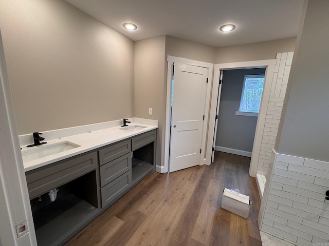 bathroom featuring vanity and hardwood / wood-style floors