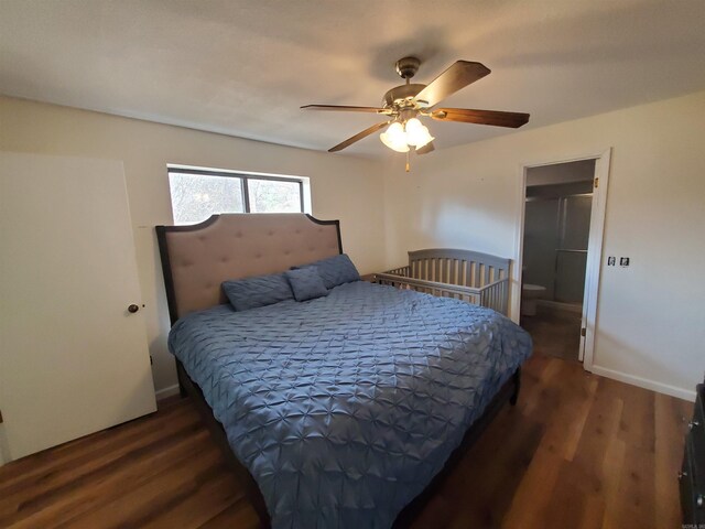 bedroom with ceiling fan and dark hardwood / wood-style flooring