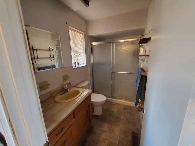 bathroom with vanity, toilet, and a shower with shower door