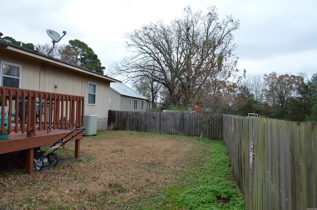 view of yard featuring central air condition unit, a fenced backyard, and a wooden deck