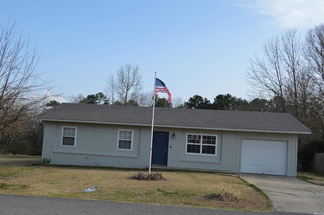 ranch-style home featuring brick siding, a shingled roof, a front yard, driveway, and an attached garage