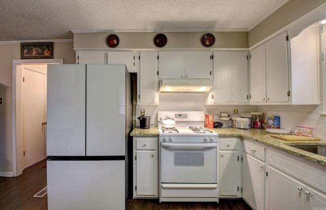 kitchen with light stone countertops, dark wood-type flooring, white appliances, decorative backsplash, and white cabinets