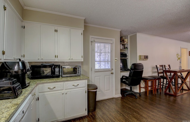 kitchen with white cabinetry, dishwasher, dark hardwood / wood-style flooring, crown molding, and a textured ceiling