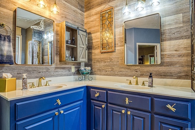 bathroom with wooden walls and vanity