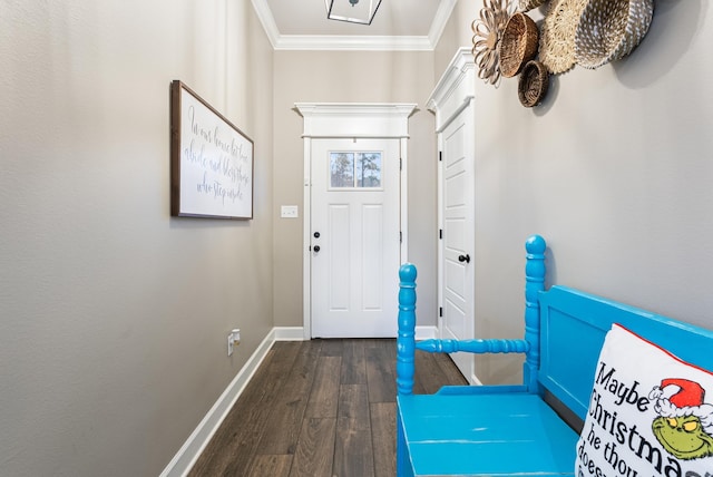 doorway featuring crown molding and dark hardwood / wood-style flooring