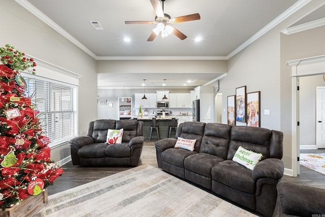 living room featuring ceiling fan, ornamental molding, and dark wood-type flooring