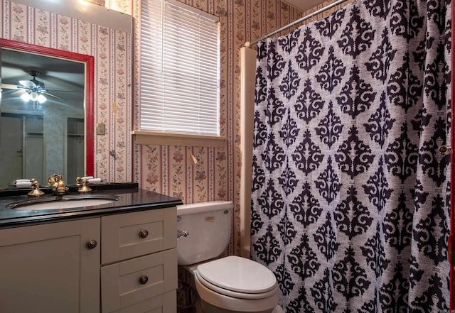 bathroom featuring vanity, curtained shower, and toilet