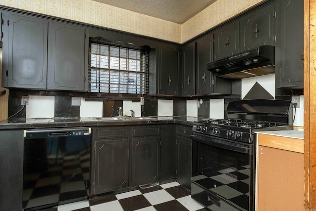 kitchen with black appliances, sink, and a textured ceiling