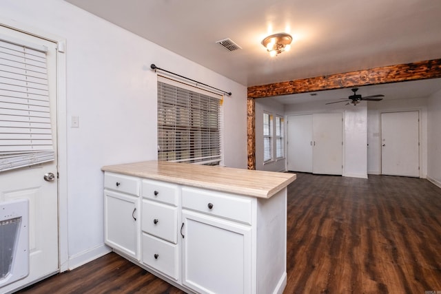 kitchen featuring dark hardwood / wood-style floors, ceiling fan, white cabinetry, and kitchen peninsula