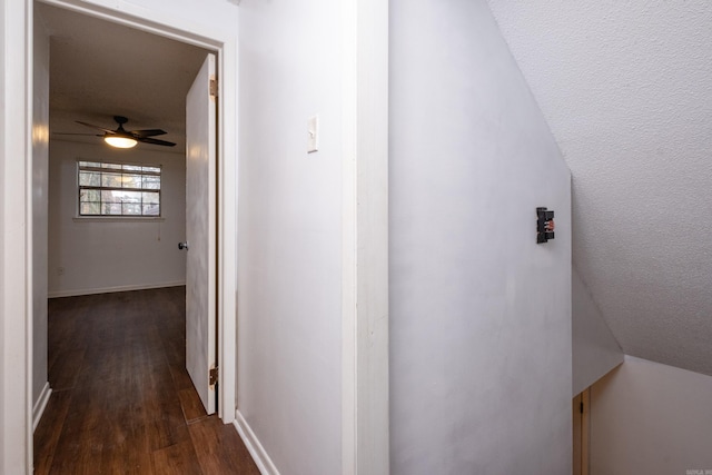 hall with lofted ceiling and dark wood-type flooring