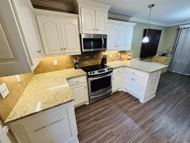 kitchen featuring white cabinetry, kitchen peninsula, stainless steel appliances, and hanging light fixtures