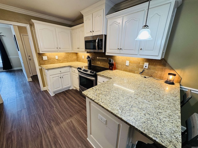 kitchen with pendant lighting, white cabinets, stainless steel appliances, and dark hardwood / wood-style floors