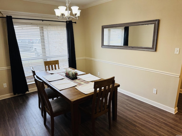 dining area with an inviting chandelier, crown molding, and dark wood-type flooring