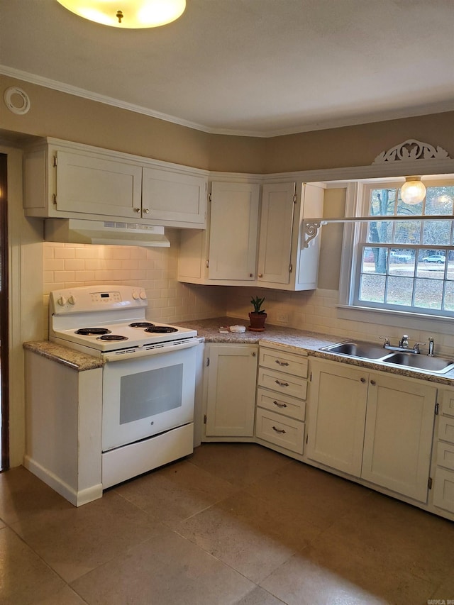 kitchen with white cabinetry, sink, white electric range oven, backsplash, and ornamental molding