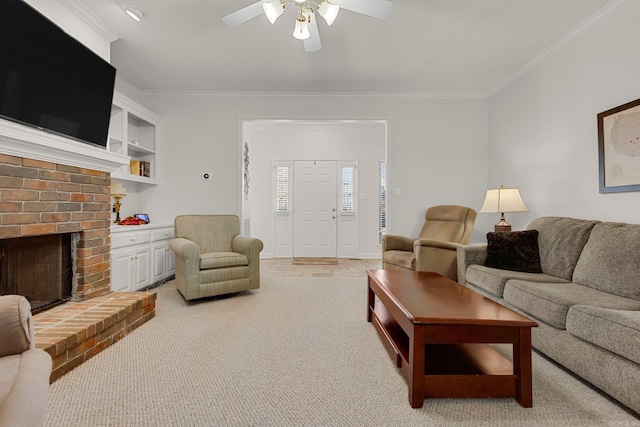 living room featuring ceiling fan, light colored carpet, ornamental molding, and a brick fireplace