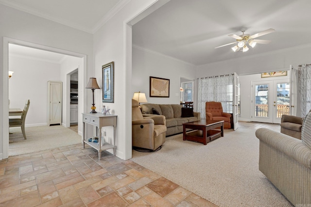 living room featuring crown molding, french doors, ceiling fan, and light carpet