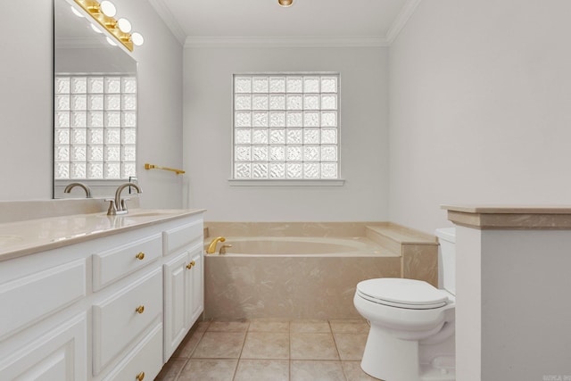 bathroom with tile patterned floors, vanity, crown molding, and tiled bath