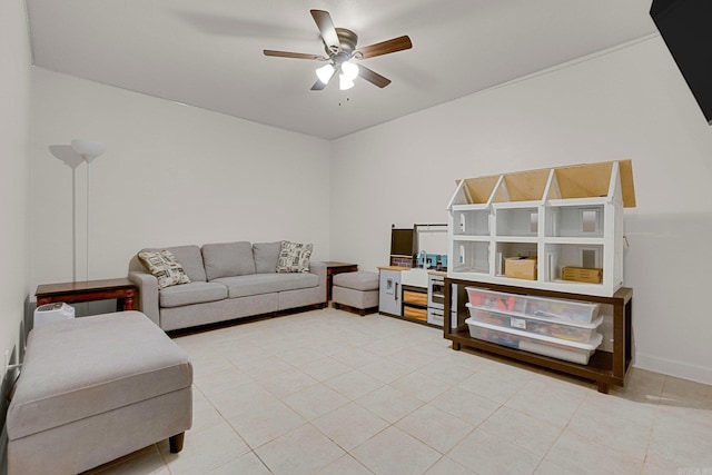 living room with tile patterned flooring and ceiling fan