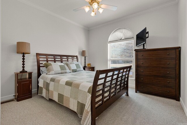 bedroom featuring light carpet, ceiling fan, and ornamental molding