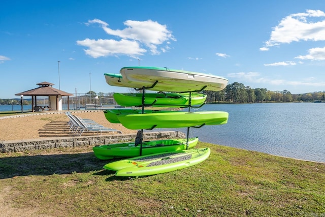 view of community featuring a gazebo and a water view